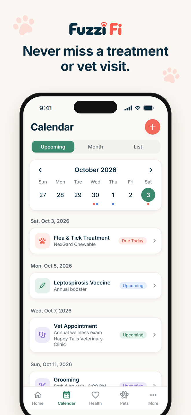 Calendar screen with a week strip and a dated list of treatments, vaccines, vet visits and grooming