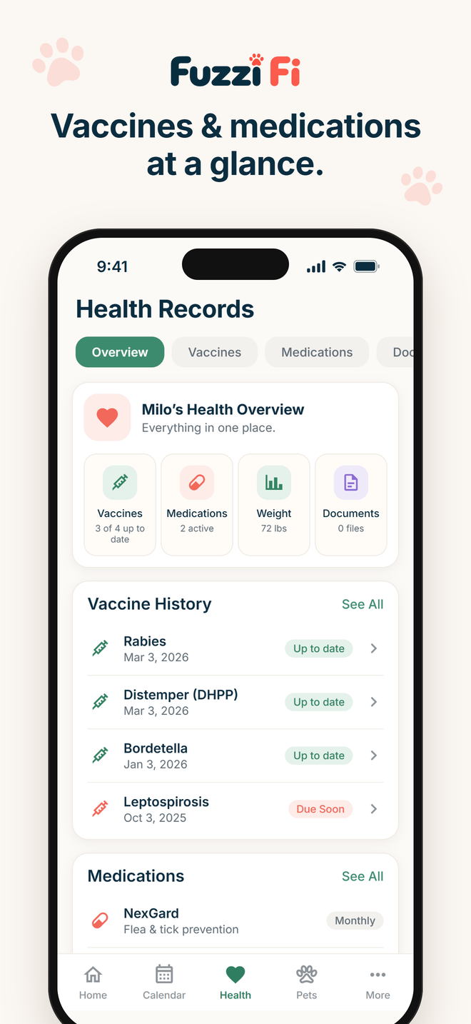 Health Records screen showing an overview, vaccine history with status pills and medications