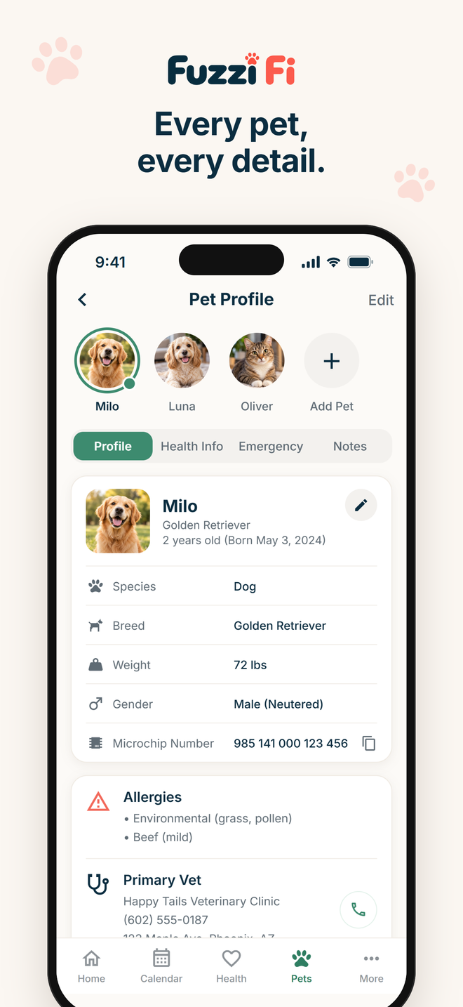 Pet Profile screen with a pet switcher, profile details, allergies and primary vet