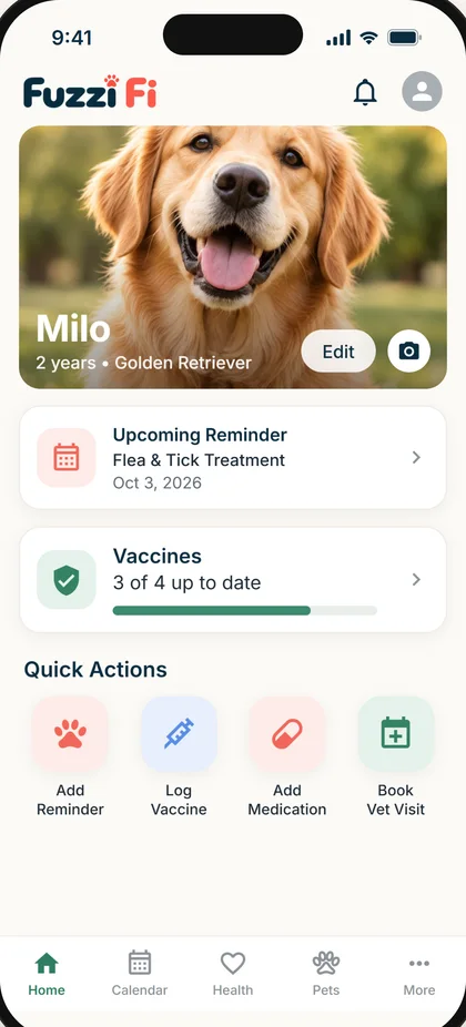Fuzzi Fi home screen showing Milo, a golden retriever, with an upcoming flea and tick reminder and a vaccine progress bar